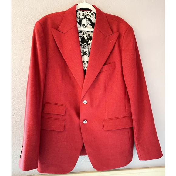 SAM SURIN TAILOR MADE Mens Red Skull Print Wool Silk Linen Blazer Jacket Bespoke